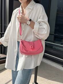 新款時尚純色PU女士單肩包斜跨包簡約萬用腋下包通勤包扣環設計 - 彩色 - 查看 7
