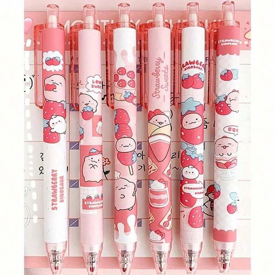 6pcs 0.5mm Sweet Strawberry Scented Retractable Ballpoint Pen, Push Click Ballpoint Pen, Highly Attractive Ins Cute Girl Press Pen, Student Black Quick-Drying Brush Pen For Writing And Drawing, Suitable For Daily Work, - Black - View 1