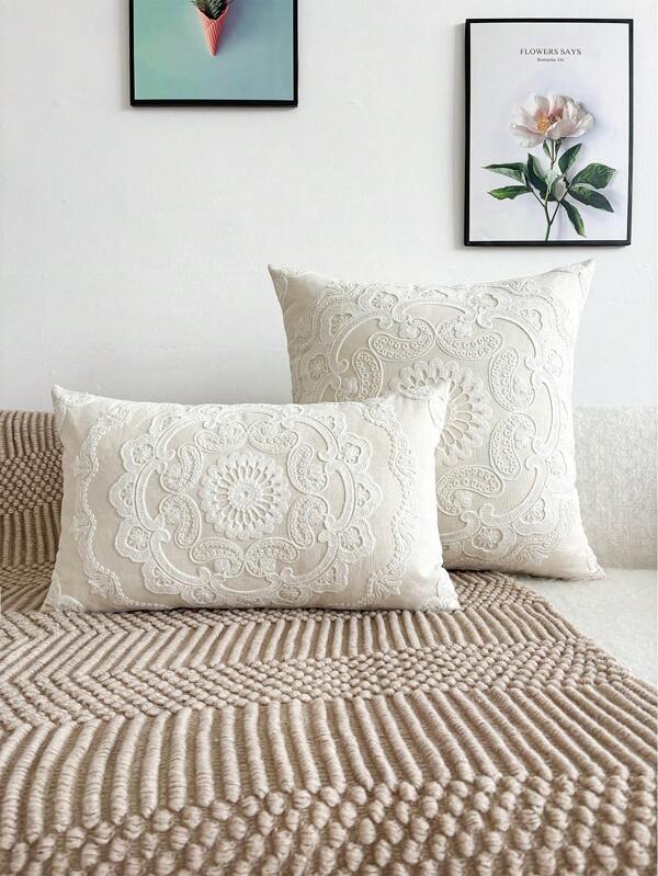 1pc Floral Embroidered Cushion Cover Without Filler, Modern Canvas Throw Pillow Cover, For Sofa, Living Room