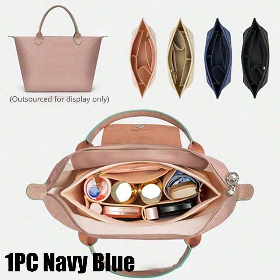 1PC Multi-Pocket Organizer Insert Bag Felt Cloth Zipper Cosmetic Storage Bag Lightweight Portable Inner Travel Storage Bag Bag Insert Organizer With Multi-Pockets Suit For Long C.Hamp Le Pliage S Tote Bag Organiser - Navy Blue - View 1