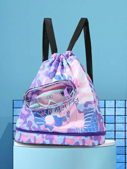 1pc Cartoon Printed Swim Bag, Waterproof Backpack For Swimming With Separate Wet And Dry Compartments, Beach Wash Bag