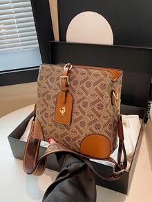 女士宽肩带水桶包，新款春夏时尚经典单肩包/斜挎包 - 棕色 - 查看 6