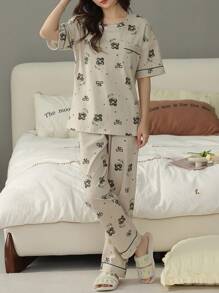 1套女士夏季短袖睡衣套裝，皮膚友好的居家服裝，附長褲 - 杏色 - 查看 4