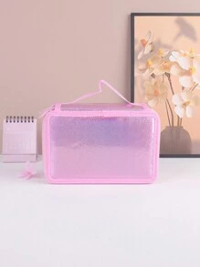 1入組4層正方形鉛筆盒，粉紅色圓點便攜式收納袋，適用於學生和上班族，藝術用品和文具袋，桌面整理 - 粉色 - 查看 4