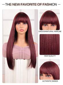 Peluca sintética recta y larga de color granate con flequillo para uso diario, Día de la Madre, cabello para mujeres en la escuela - Burdeos - Ver 6