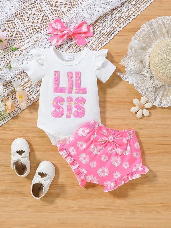 Baby Girls' Cap Sleeve Flutter 'LIL SIS' Letter Embroidery Bodysuit + Butterfly & Flower Allover Print Shorts With Ruffle Trim And Bowknot Headband 3pcs Outfit
