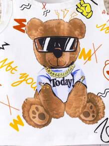 2pcs/Set Cute And Stylish Baby Boys' Cartoon Hip-Hop Teddy Bear Letter Printed Sleeveless T-Shirt And Shorts Summer Outfits - White - View 6