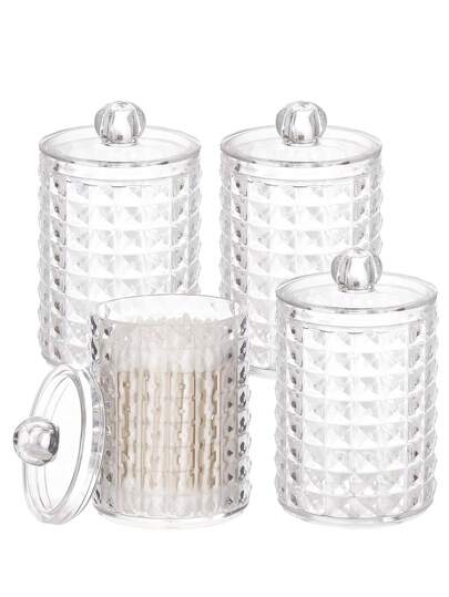 Juego de 4 dispensadores de soporte para hisopos de limpieza, almohadillas redondas y palillos de hilo dental - Set de botella de plástico transparente de 10 oz para organizador de tocador de baño, caja de almacenamiento de cosméticos de mesa de vestir