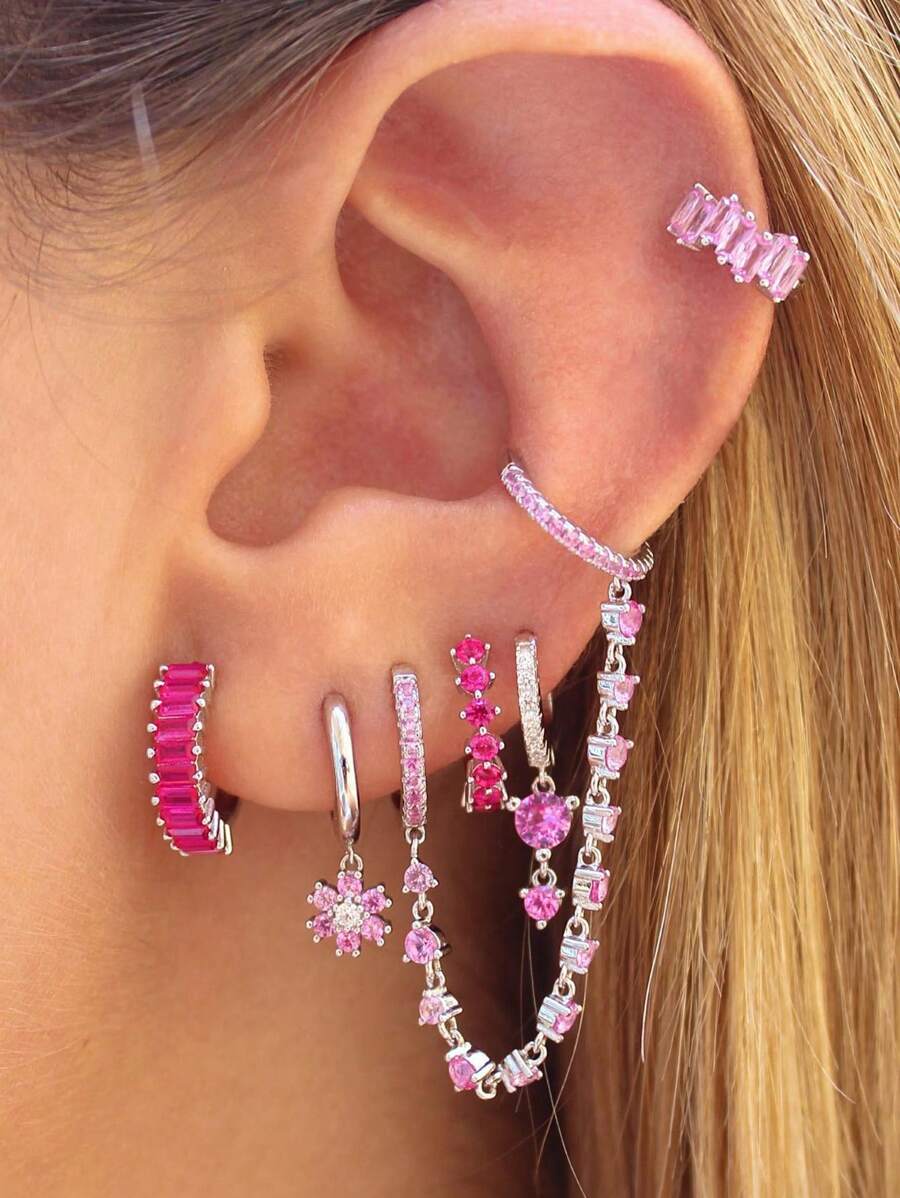 6Pcs Lovely Gold Plated Cubic Zirconia Dangle Earrings For Women Pink Zirconia Flower Hoop Earrings Set Fashion Jewelry
