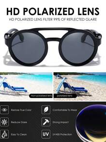 Polarized Round Steampunk Fashion Glasses Fashion Glasses With Leather Side Double Bridge Shield Retro Eyewear For Men Women Shades Accessories Halloween Beach Accessories Glasses Shades For Summer Beach Vacation,Outdoor,Travel - Black - View 6