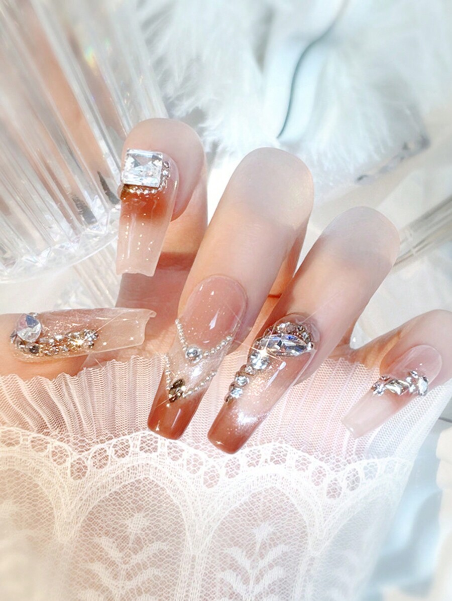 10 pièces/set Faux ongles luxueux à œil de chat 3D incrusté de diamants, avec un effet de fard à