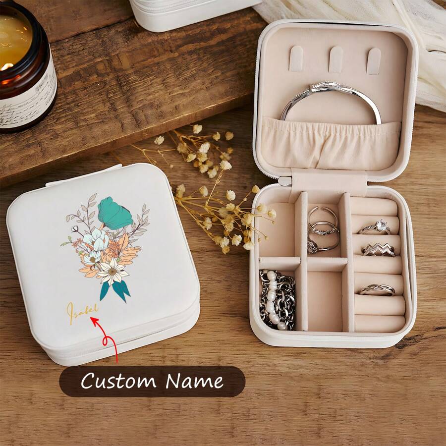 個性化時尚定制名字和花紋皮革珠寶盒，個性化女孩珠寶盒，戒指、項鍊、耳環珠寶旅行盒，伴娘禮物，新娘淋浴小禮物，母親節美麗禮物，假期禮物姐妹和家人
