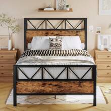 LIKIMIO Robust Industrial-Style Full Platform Bed - 51.2" Tall Headboard, Noise-Free, Easy Setup - 棕色 - 查看 2