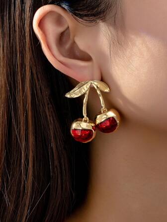 1對可愛櫻桃樹脂垂墜耳環，可愛色牢時尚單耳耳釘鍍金