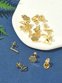 10pcs 201 Stainless Steel Earring Studs With 304 Stainless Steel Posts And Nuts, Diamond/Fish/Flower/Triangle/Rhombus Shapes, Real 24K Gold Plated - Gold - View 2