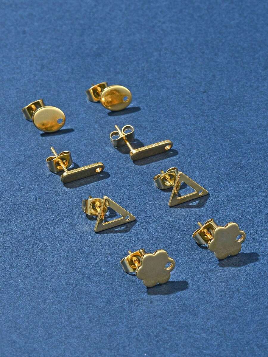 10pcs 201 Stainless Steel Earring Studs With 304 Stainless Steel Posts And Nuts, Diamond/Fish/Flower/Triangle/Rhombus Shapes, Real 24K Gold Plated - Gold - View 1