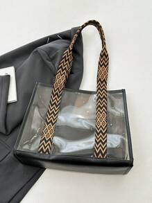 Beach Holiday Clear Handbag, Large Capacity Tote Bag With Shoulder Strap, Coin Purse - Black - View 5