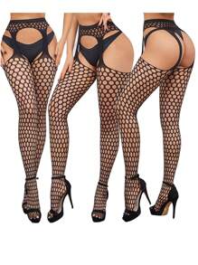 3 đôi tất lưới cá rỗng hình trái tim gợi cảm, quần dài qua đầu gối, quần lưới hở đáy quần, lý tưởng để mặc hàng ngày và tụ tập - màu đen - Xem 4