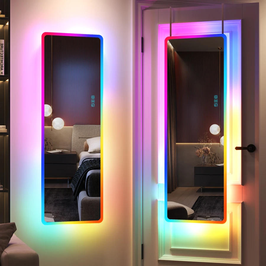LVSOMT Full Length Mirror With LED Lights, RGB Full Body Mirror, Wall Mounted Lighted Mirror, Over The Door Hanging Mirror, 14 LED Light + Dimmable Brightness + Adjustable Speed, 47" X 16" - 亞克力透明 - 查看 1