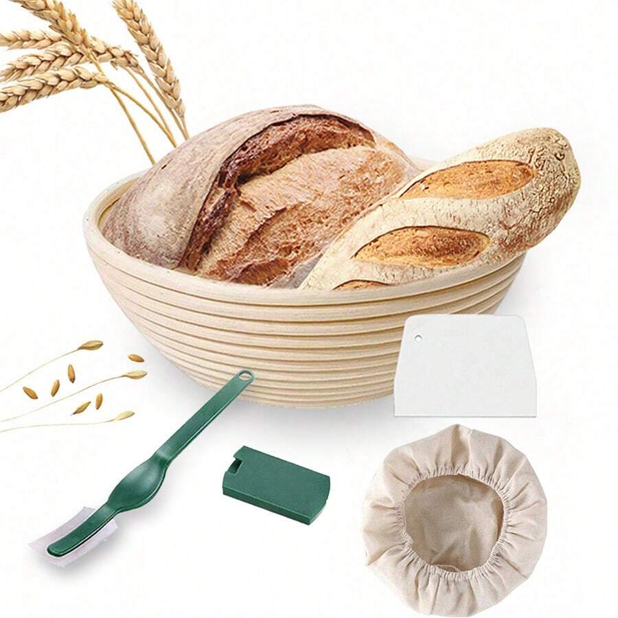 1套手工編織麵包發酵籃,包括刮刀*1,切片刀*1,亞麻布襯裡*1,實色橢圓形印尼藤餅子發酵籃,適用於家庭烘焙、麵包店 - 杏色 - 查看 1