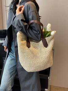 Gusure品牌新款手工編織草編女式手提肩背袋，大容量旅行海灘袋手提包，海灘必備，夏日必需品，是最佳的海灘風格女包 - 米色 - 查看 6