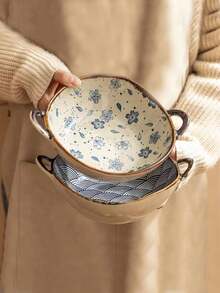 1個藍色陶瓷雙耳湯碗，復古的日式藍花瓷碗，適用於餐廳、廚房和家居使用 - 彩色 - 查看 5