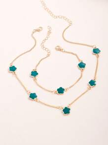 Set de collar y pulsera con dije de trébol de cinco hojas y flor para mujer, cadena de clavícula al estilo europeo y americano - Verde - Ver 2