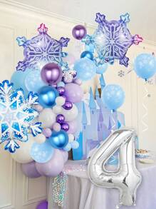 144pcs Silver Frozen Themed Balloon Arch & Garland Set, Including Snowflake Foil Balloon, Metallic Purple & Blue, And Printed Blue Balloon With Snowflake Shapes, Perfect For Princess Birthday Party, Frozen Theme, Decoration, Christmas