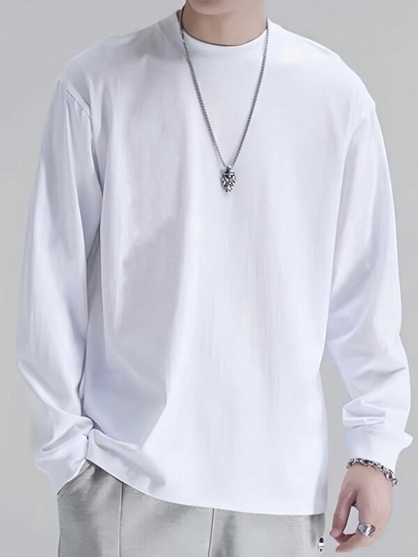 Camiseta Básica Masculina Gola Careca Redonda Manga Longa 100% Algodão Malha Premium 30.1 Penteada