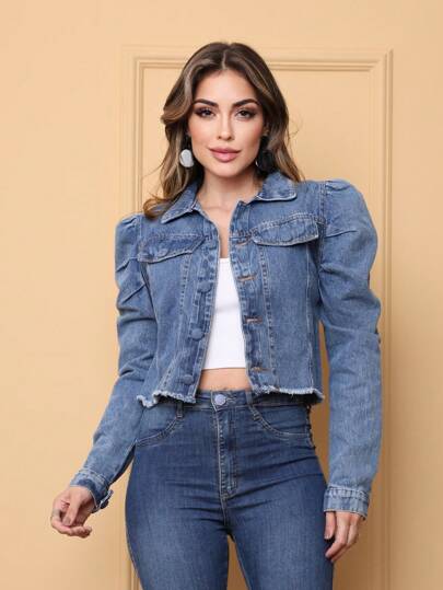 Jaqueta Jeans  Manga Bufante, Moderno e popular, o tecido não é elástico, 100% algodão