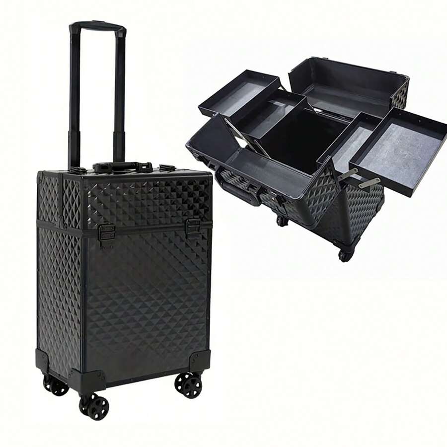 Large Aluminum Rolling Cosmetic Train Case With Wheels And Retractable