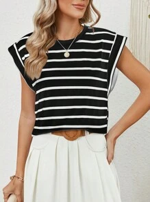 Women's Casual Cap Sleeve Tops Summer Crewneck Crop Tank Shirts Loose Fit Striped T-Shirts Dressy Basic Tees Going Out Clothes - 黑色 - 查看 5