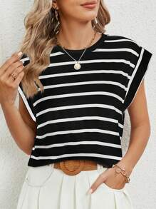Women's Casual Cap Sleeve Tops Summer Crewneck Crop Tank Shirts Loose Fit Striped T-Shirts Dressy Basic Tees Going Out Clothes - 黑色 - 查看 3