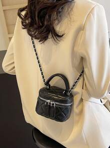 1pc Spring Summer Mini PU Leather Crossbody Bag With Diamond Pattern And Chain, Suitable For Girls Use, Can Be Used As Coin Bag - Black - View 4