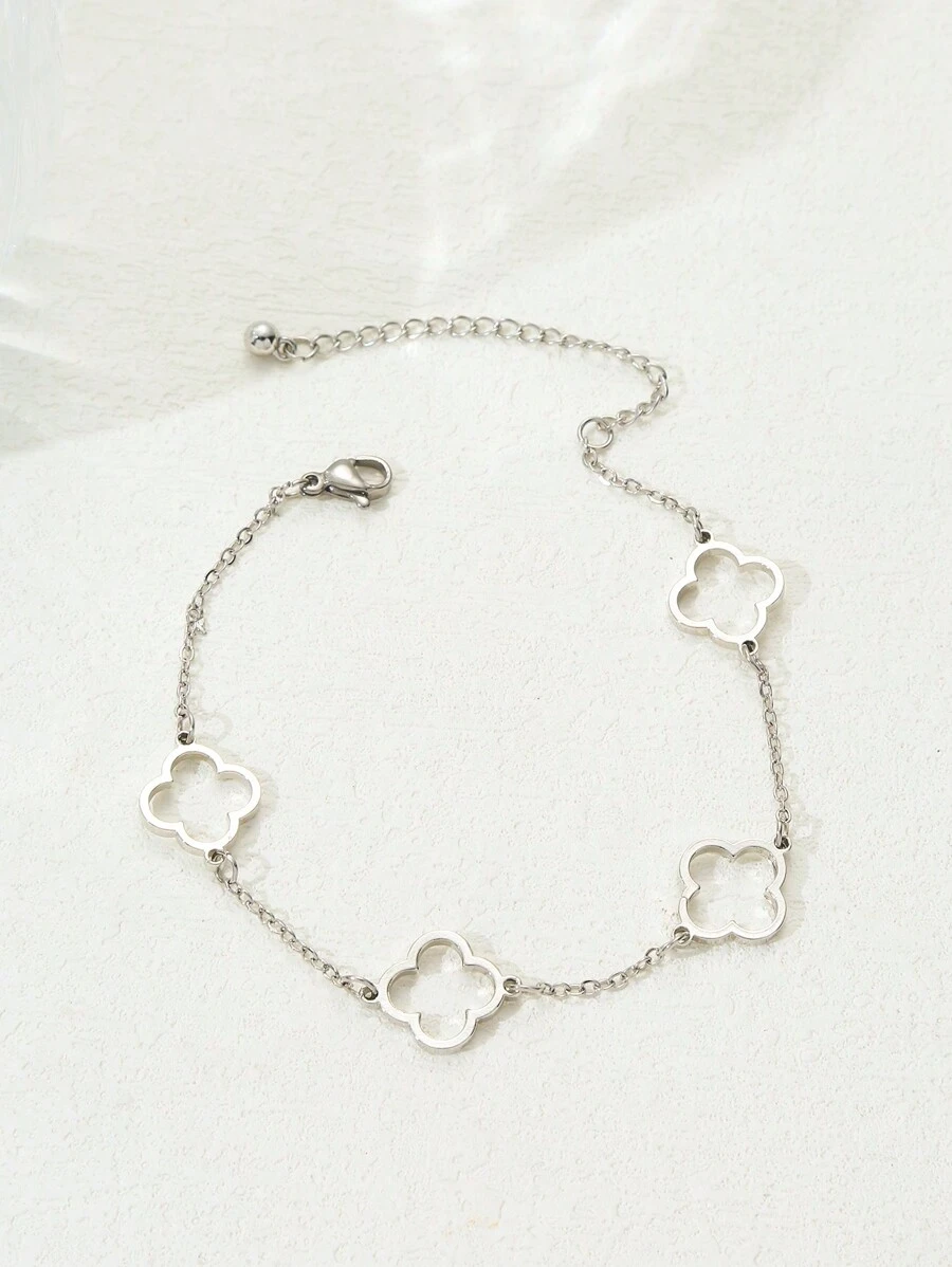 1pc Fashionable Hollow Flower Metal Summer Bracelet With Geometric Clover Pendant Necklace, Beach Party Valentines,Mom,Mother,Mother's Day,Gift