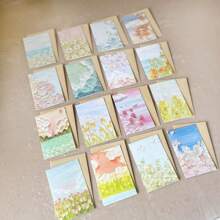 16入組油畫風格賀卡與16入組信封，藝術油畫風格設計，治癒風格設計，花卉風景紋飾，簡單而不單調，適用於各種場合或節日（如生日、情人節、婚禮、周年紀念、謝卡、賀卡、弔唁卡、辦公用品、節慶等）。 - 彩色 - 查看 7