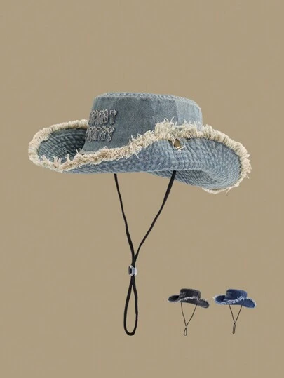 1 件男女通用复古做旧刺绣字母可调节抽绳帽檐渔夫帽，适合户外活动，如骑行、徒步旅行、休闲街头、旅行、海滩、度假和日常穿着