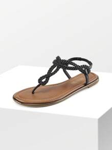 Women's Fashion Sandals, Dressy Summer Bohemian T-Strap Comfortable Summer Flats Sandals For Vacation Valentines - 黑色 - 查看 7
