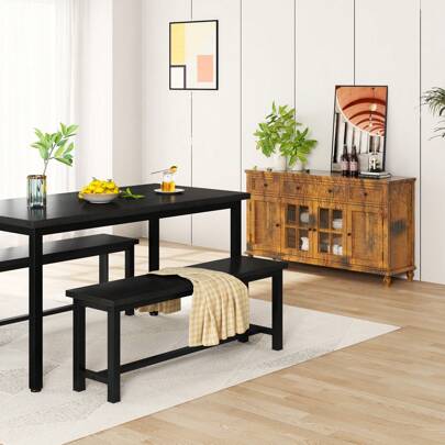 Wooden Dining Benches Set Of 2, Industrial Style Bed End Bench Entryway Shoe Bench With MDF Seat, Metal Legs And Soft Foot Pads