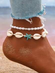 2 pezzi Bracciale alla caviglia bohémien con perle finte, conchiglie e stelle marine per donne, regalo da spiaggia