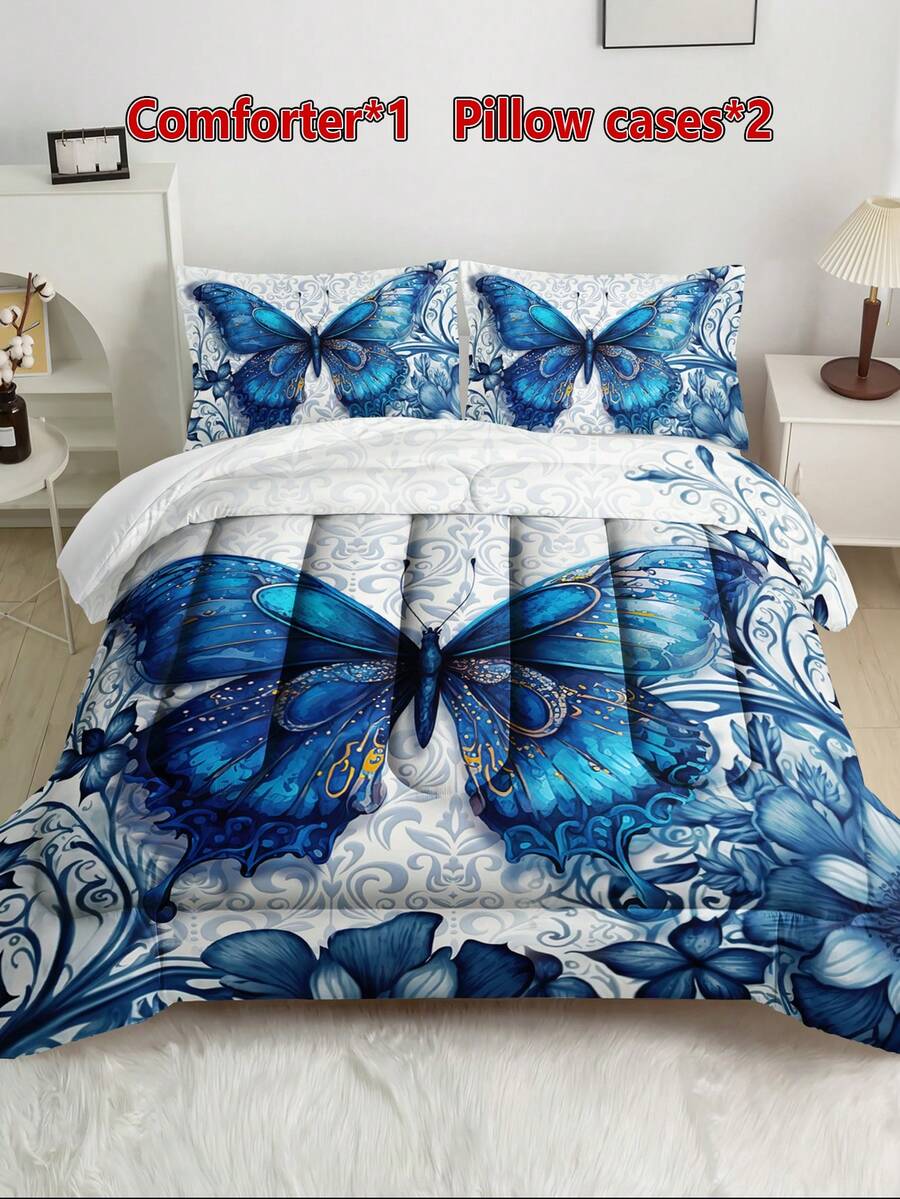 3pcs Blue Butterfly & Flower Pattern Bedding Set (1 Comforter Cover, 2 Pillowcases, Pillow Cores Not Included), Soft & Comfortable Breathable Printed Bedclothes For All Seasons, Home & Dorm - Multicolor - View 1