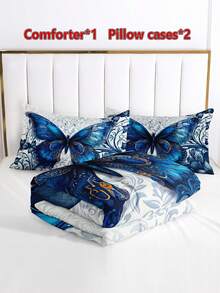 3pcs Blue Butterfly & Flower Pattern Bedding Set (1 Comforter Cover, 2 Pillowcases, Pillow Cores Not Included), Soft & Comfortable Breathable Printed Bedclothes For All Seasons, Home & Dorm - Multicolor - View 8