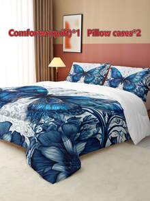 3pcs Blue Butterfly & Flower Pattern Bedding Set (1 Comforter Cover, 2 Pillowcases, Pillow Cores Not Included), Soft & Comfortable Breathable Printed Bedclothes For All Seasons, Home & Dorm - Multicolor - View 6