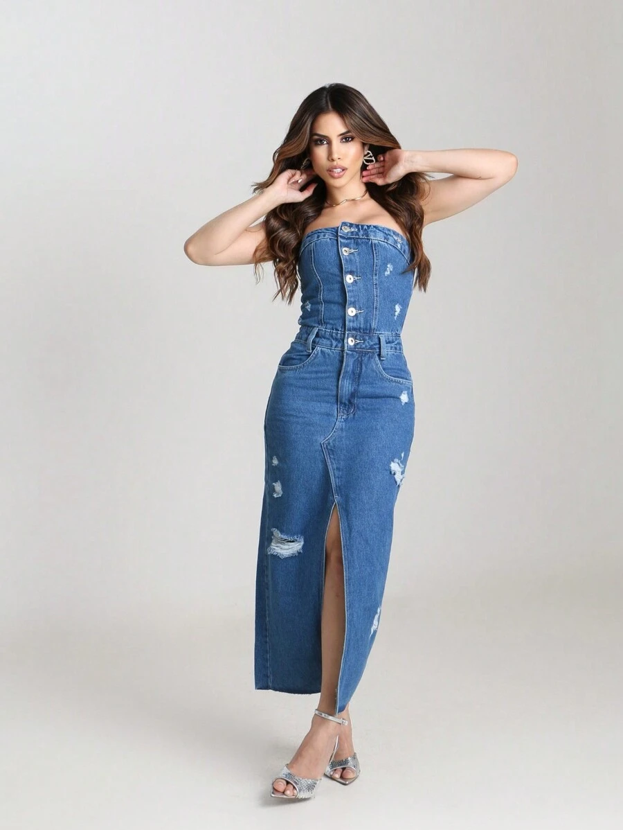 Women Denim Dresses - Rửa tối - Xem 1