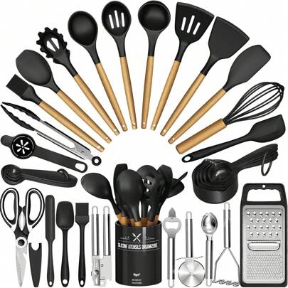 TAIMASI Kitchen Utensils Set- 34PCS Silicone Cooking Utensils With Holder, Heat Resistant Kitchen Utensil Spatula Set For Nonstick Cookware, Black Wooden Handles Kitchen Gadgets Tools Set - Perfect For Thanksgiving, Christmas, New Year's, And Mother's Day Cooking And Gifting