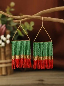 1對波西米亞風格手工編織米珠和中空三角形掛墜耳環，配流蘇設計，適用於女性日常和休閒穿搭，經典復古風格時尚飾品 - 彩色 - 查看 9
