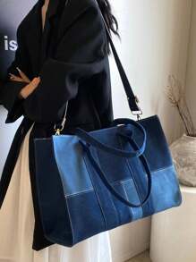 時尚女士手袋時尚大容量肩袋，拉鍊拼接手提袋，斜跨包，書包手提袋 - 藍色 - 查看 1