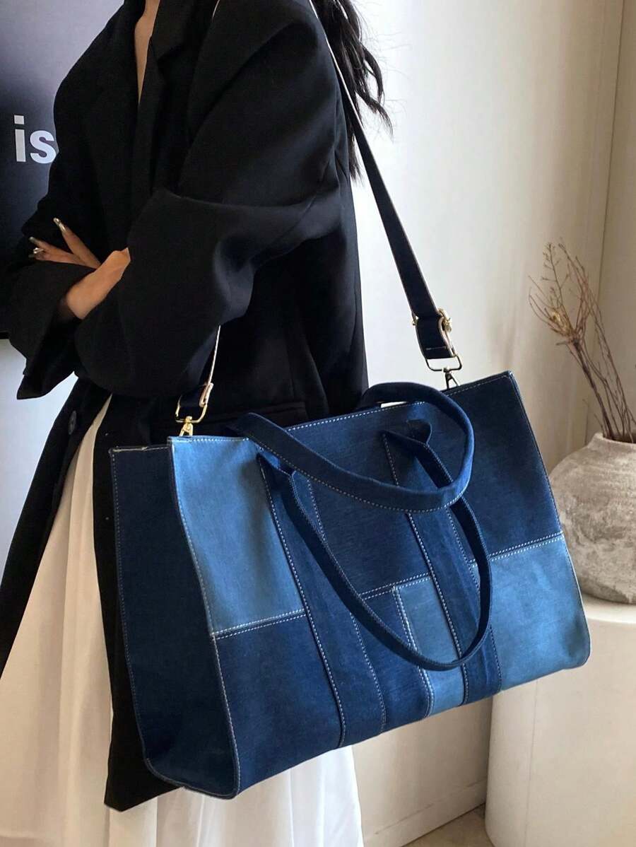 時尚女士手袋時尚大容量肩袋，拉鍊拼接手提袋，斜跨包，書包手提袋 - 藍色 - 查看 1