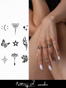 CAT QUEEN ART Sticker temporal de tatuaje herbal en azul, pequeños diseños, de moda y de larga duración (7-14 días), no se desvanece ni refleja, para dedos, muñecas, Body, etc., paquete de 1 pieza - Azul - Ver 2