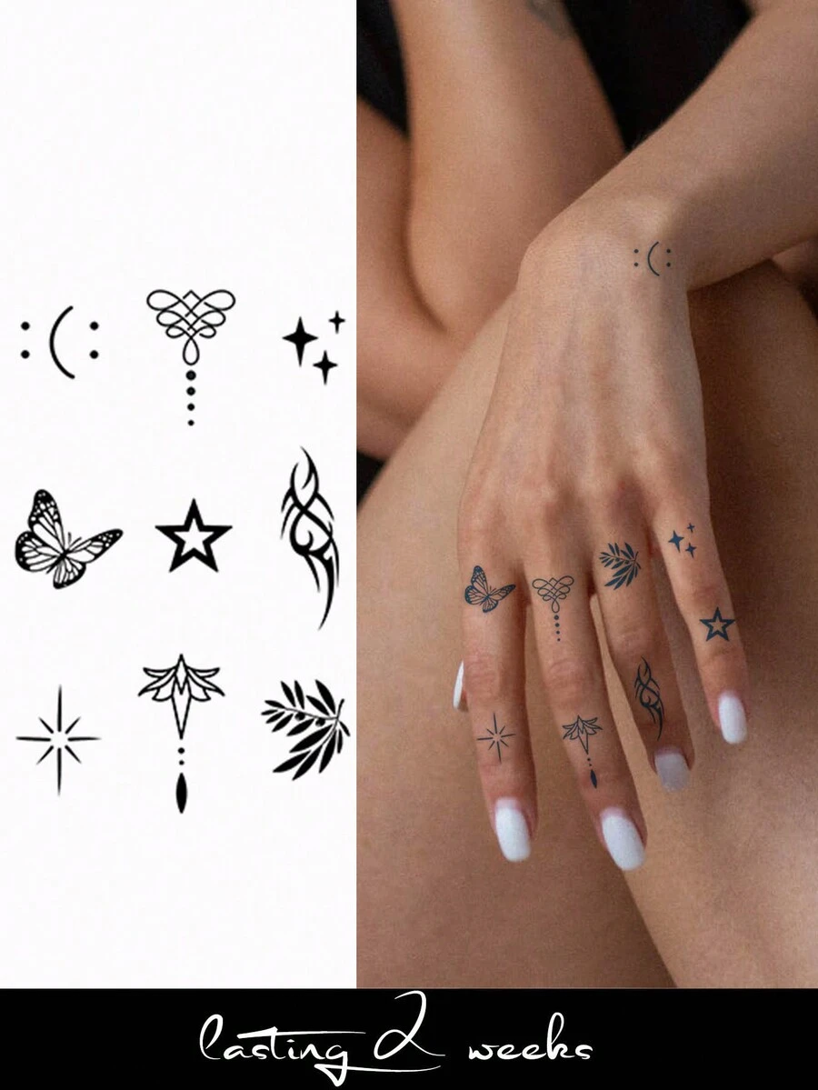 CAT QUEEN ART Sticker temporal de tatuaje herbal en azul, pequeños diseños, de moda y de larga duración (7-14 días), no se desvanece ni refleja, para dedos, muñecas, Body, etc., paquete de 1 pieza